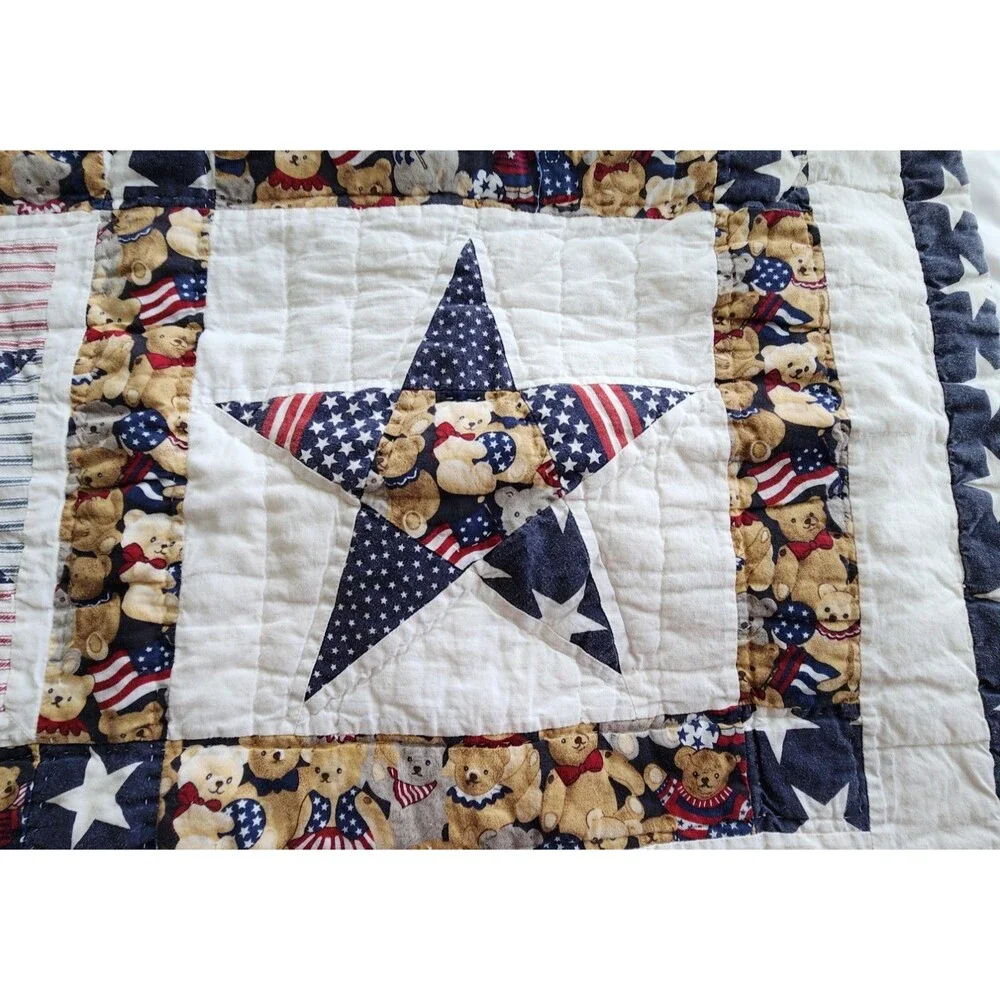 Sunham Quilted Pillow Shams 20x36 Cotton Patriotic Teddy Bear Americana Stars